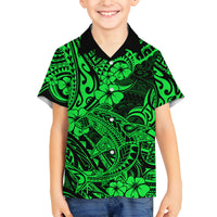 Hawaii Shark Family Matching Off Shoulder Short Dress and Hawaiian Shirt Polynesian Pattern Green Version - Wonder Print Shop