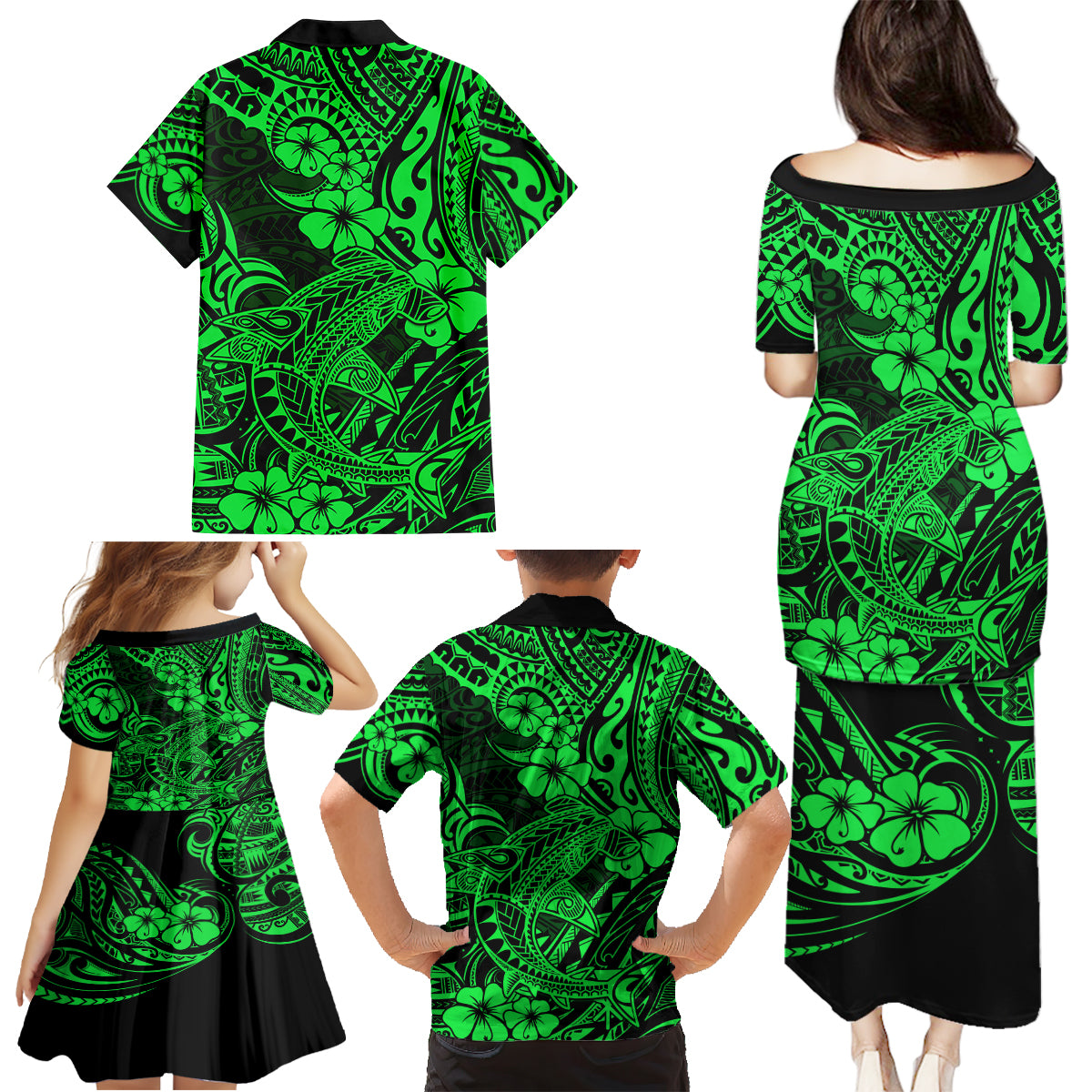 Hawaii Shark Family Matching Puletasi Dress and Hawaiian Shirt Polynesian Pattern Green Version - Wonder Print Shop