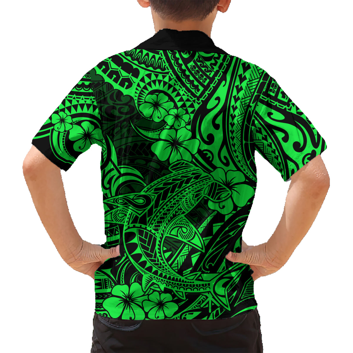 Hawaii Shark Family Matching Short Sleeve Bodycon Dress and Hawaiian Shirt Polynesian Pattern Green Version - Wonder Print Shop