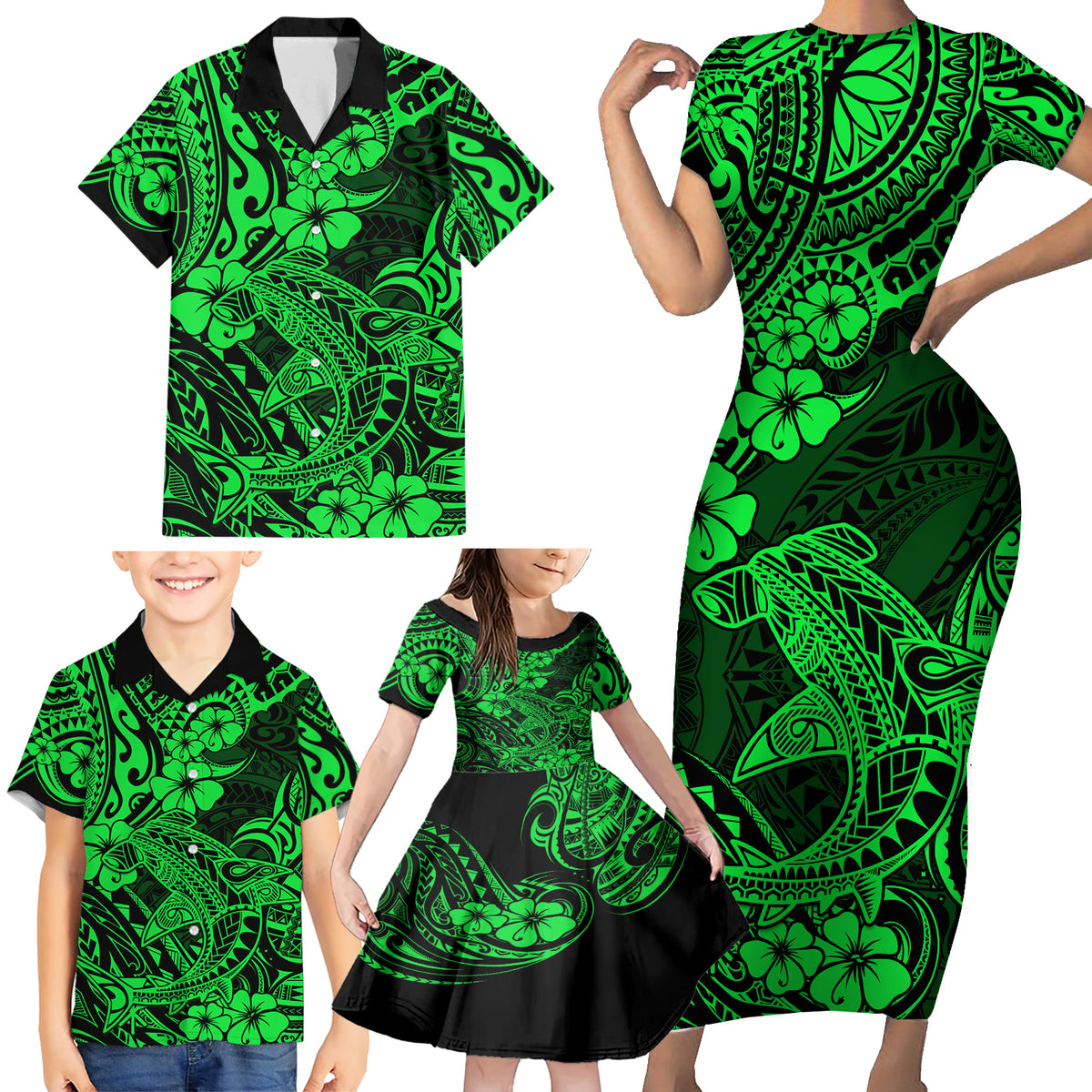 Hawaii Shark Family Matching Short Sleeve Bodycon Dress and Hawaiian Shirt Polynesian Pattern Green Version - Wonder Print Shop