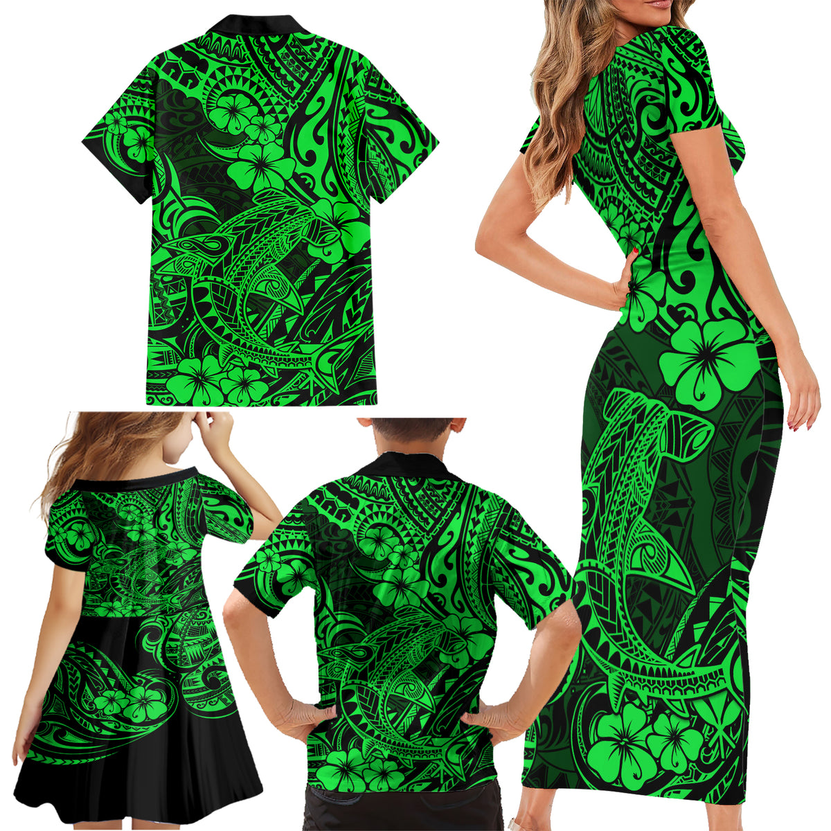 Hawaii Shark Family Matching Short Sleeve Bodycon Dress and Hawaiian Shirt Polynesian Pattern Green Version - Wonder Print Shop
