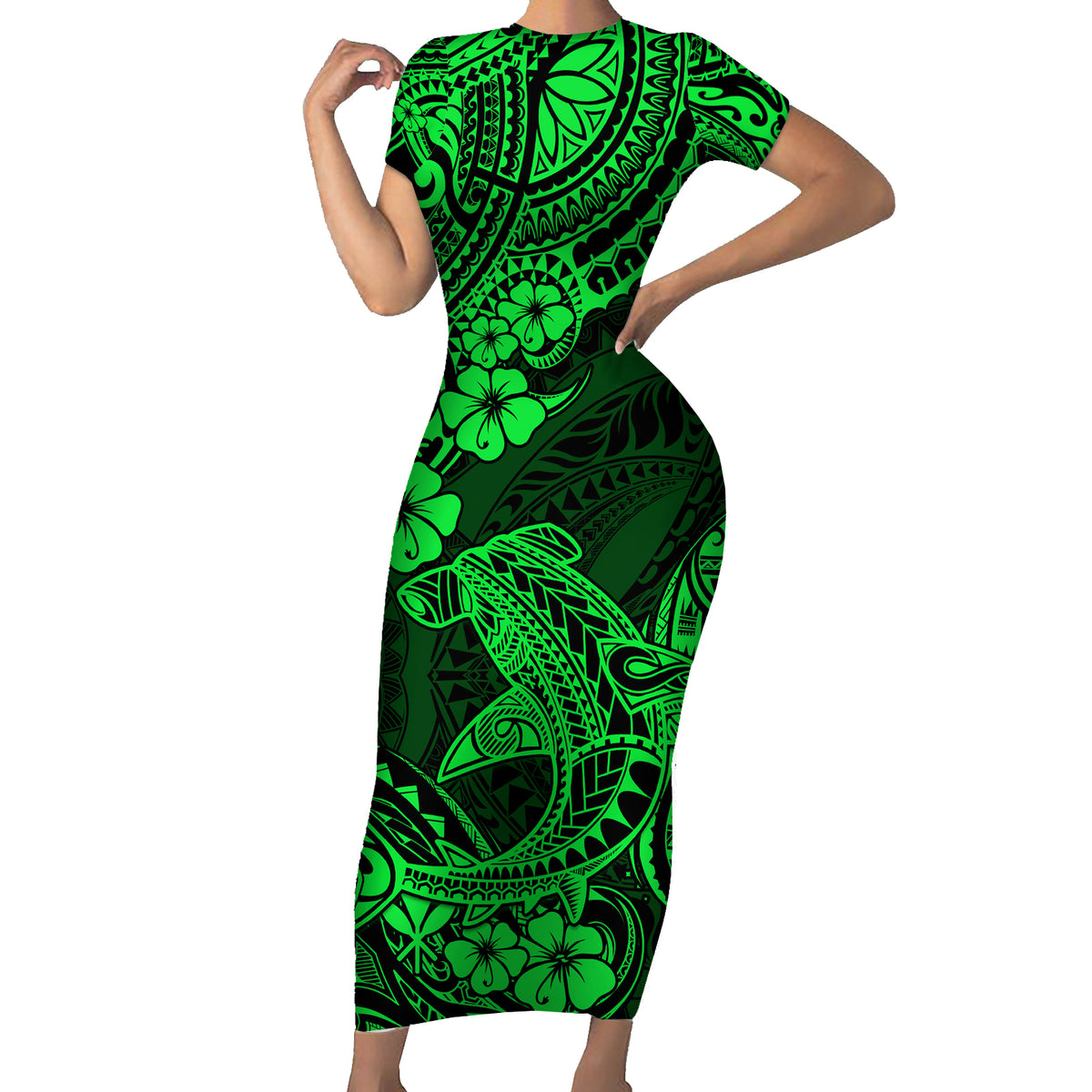 Hawaii Shark Family Matching Short Sleeve Bodycon Dress and Hawaiian Shirt Polynesian Pattern Green Version - Wonder Print Shop