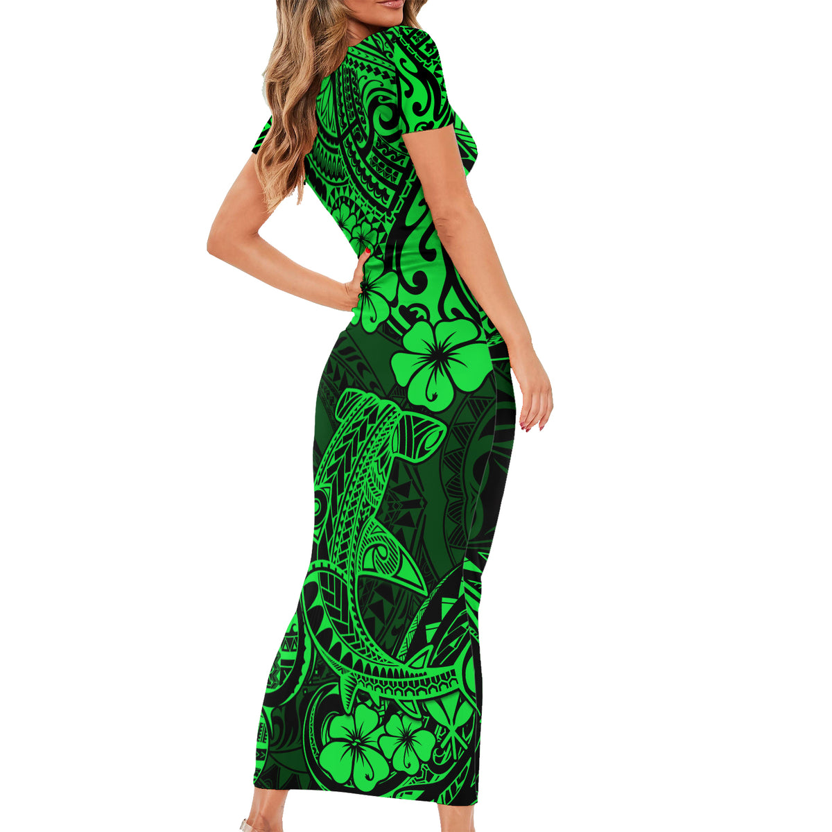 Hawaii Shark Family Matching Short Sleeve Bodycon Dress and Hawaiian Shirt Polynesian Pattern Green Version - Wonder Print Shop