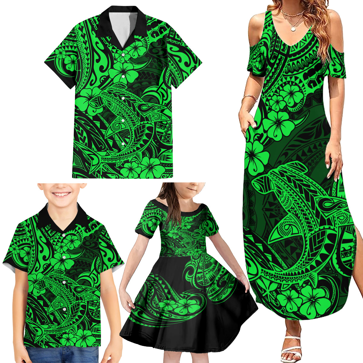 Hawaii Shark Family Matching Summer Maxi Dress and Hawaiian Shirt Polynesian Pattern Green Version - Wonder Print Shop
