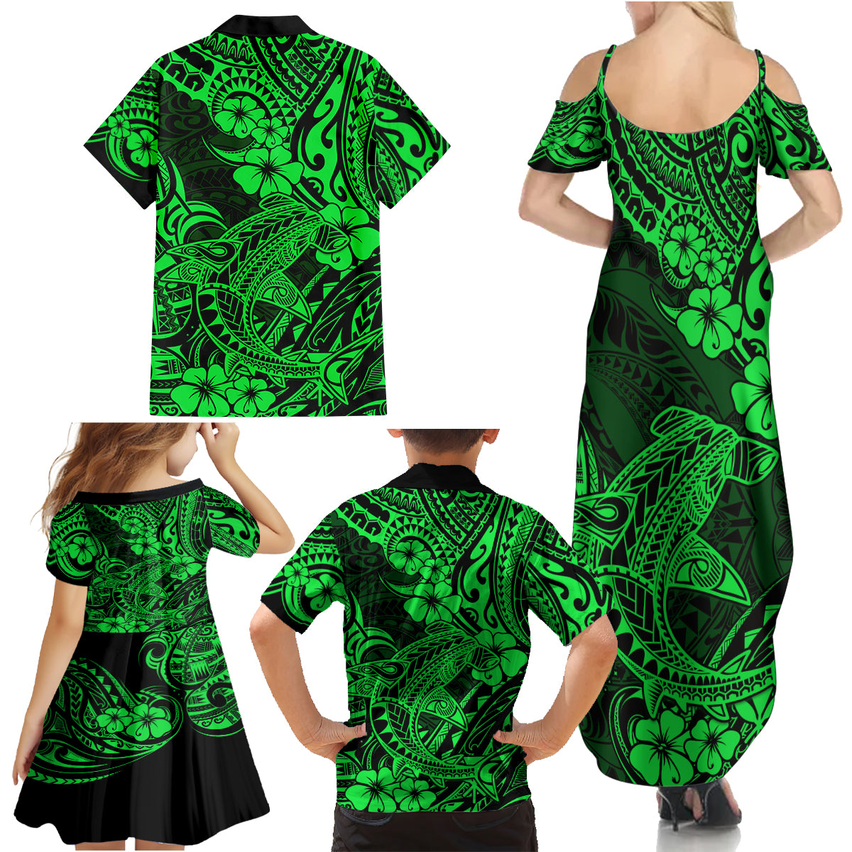Hawaii Shark Family Matching Summer Maxi Dress and Hawaiian Shirt Polynesian Pattern Green Version - Wonder Print Shop