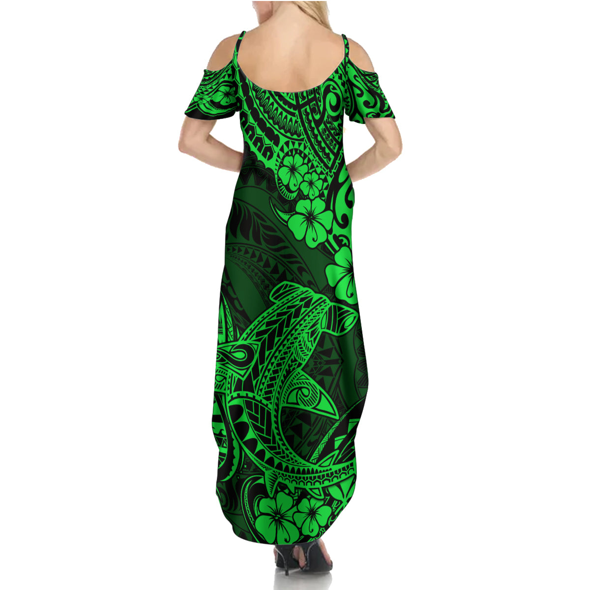 Hawaii Shark Family Matching Summer Maxi Dress and Hawaiian Shirt Polynesian Pattern Green Version - Wonder Print Shop
