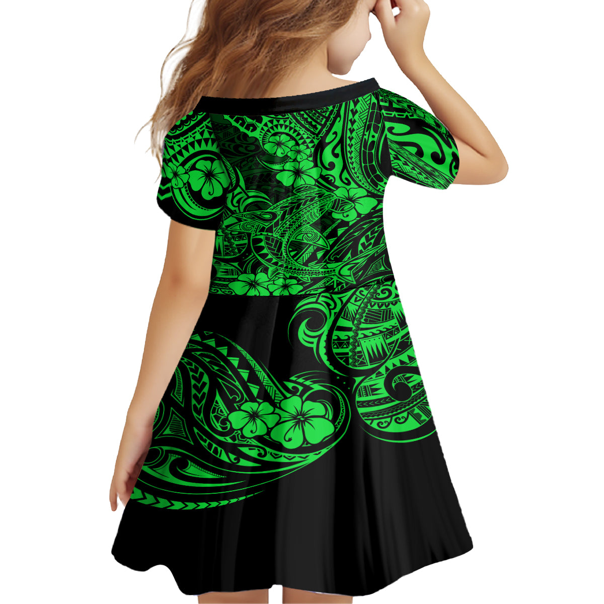 Hawaii Shark Family Matching Tank Maxi Dress and Hawaiian Shirt Polynesian Pattern Green Version - Wonder Print Shop