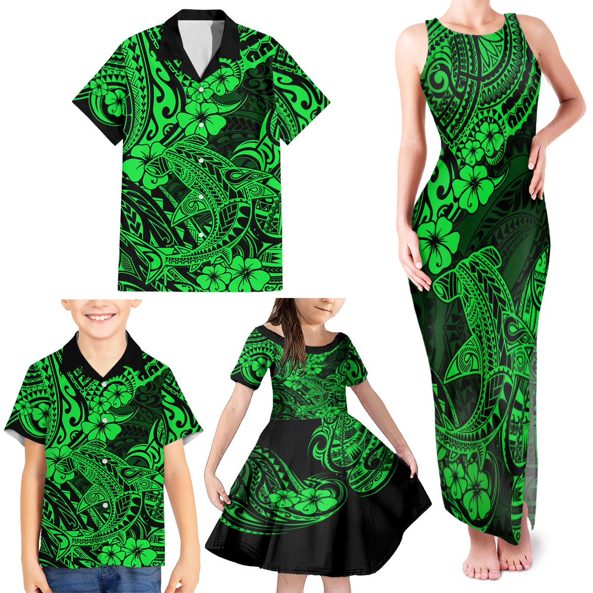 Hawaii Shark Family Matching Tank Maxi Dress and Hawaiian Shirt Polynesian Pattern Green Version - Wonder Print Shop