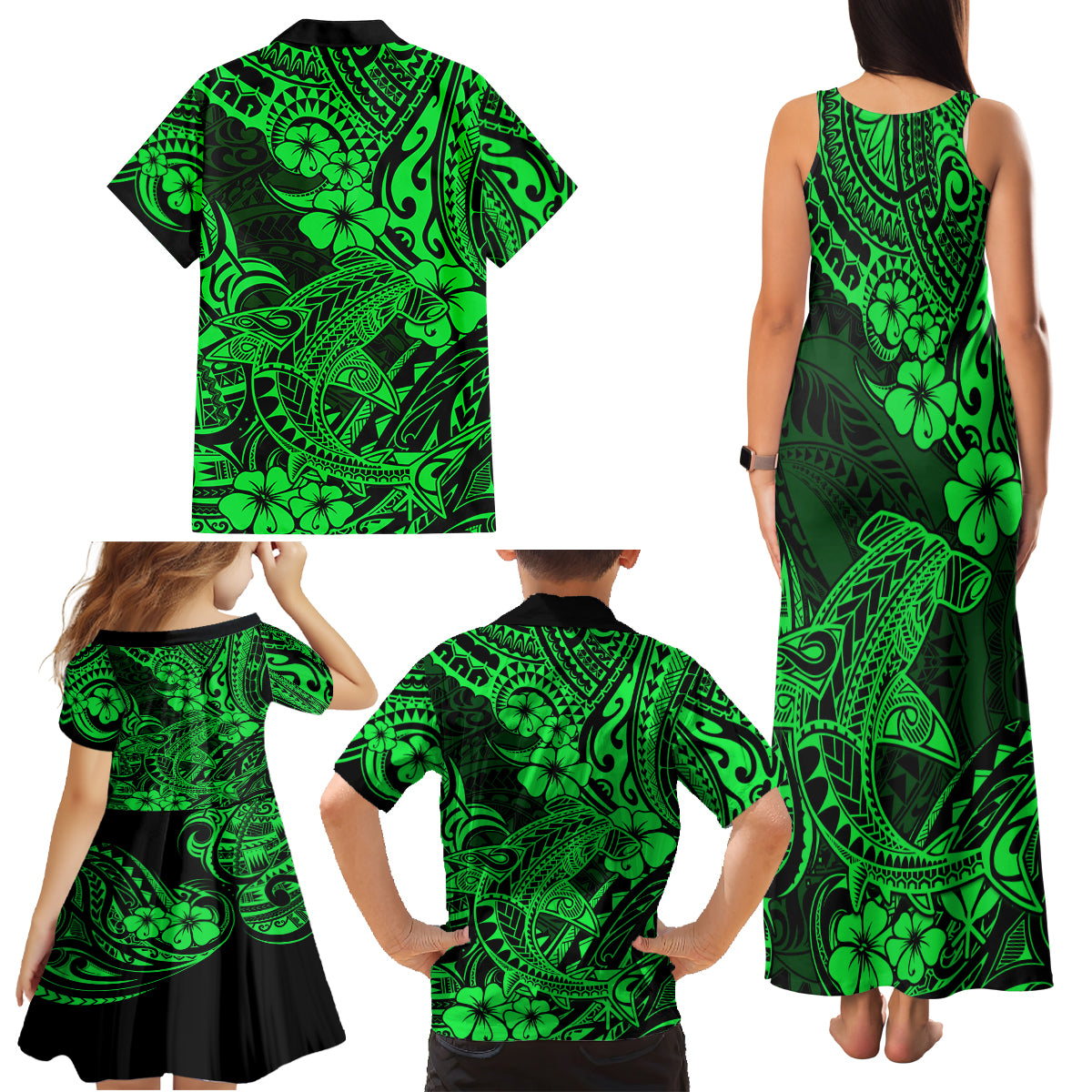 Hawaii Shark Family Matching Tank Maxi Dress and Hawaiian Shirt Polynesian Pattern Green Version - Wonder Print Shop
