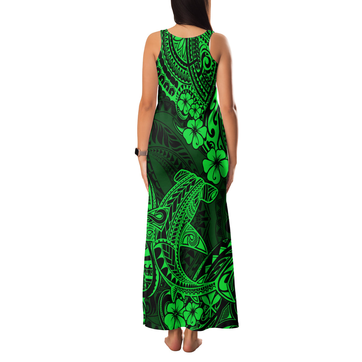 Hawaii Shark Family Matching Tank Maxi Dress and Hawaiian Shirt Polynesian Pattern Green Version - Wonder Print Shop