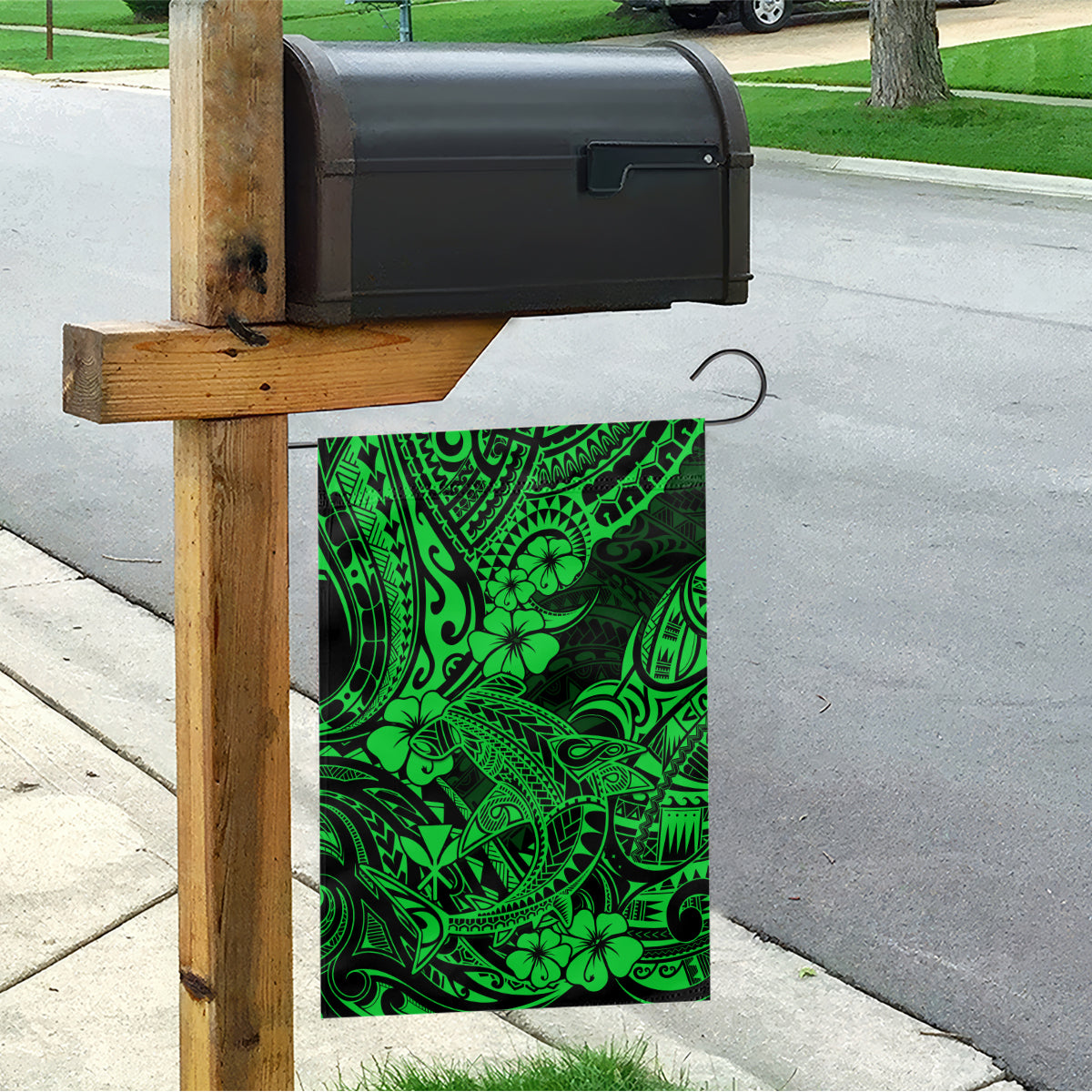 Hawaii Shark Garden Flag Polynesian Pattern Green Version - Wonder Print Shop