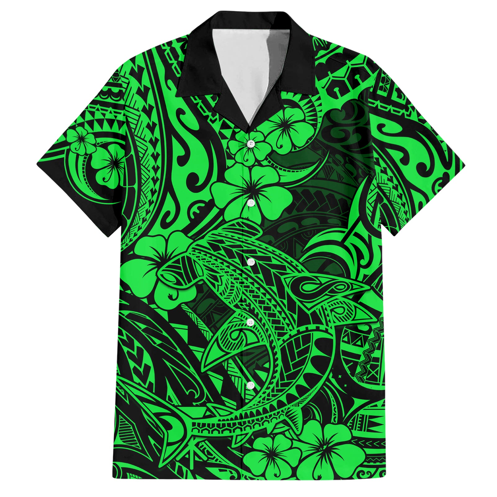 Hawaii Shark Hawaiian Shirt Polynesian Pattern Green Version - Wonder Print Shop