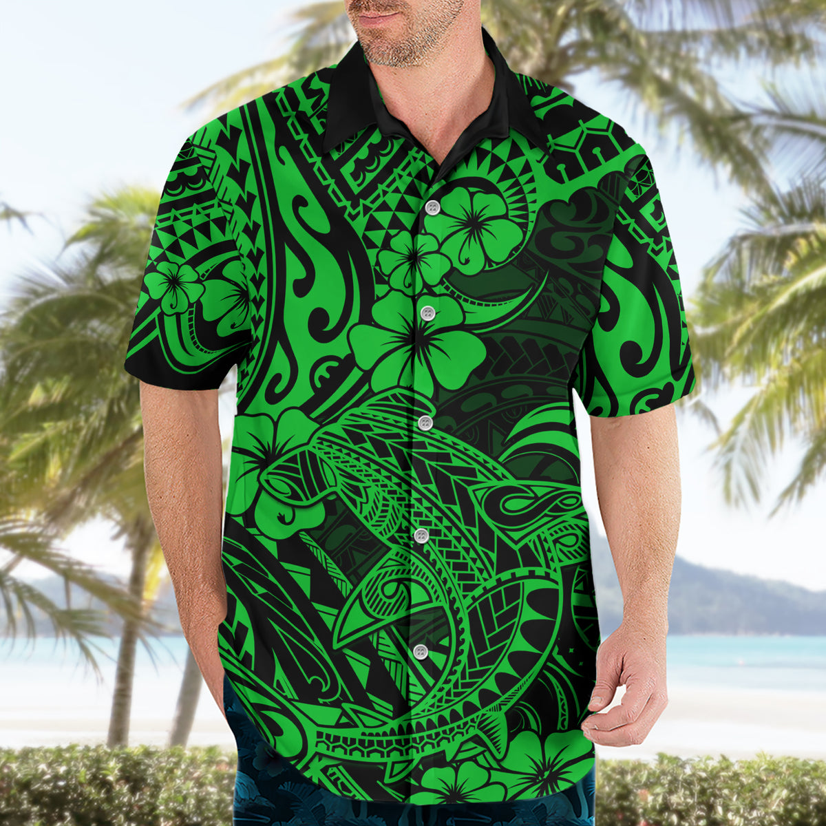 Hawaii Shark Hawaiian Shirt Polynesian Pattern Green Version - Wonder Print Shop