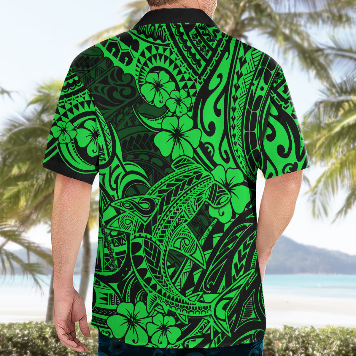 Hawaii Shark Hawaiian Shirt Polynesian Pattern Green Version - Wonder Print Shop