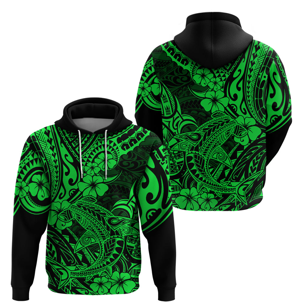 Hawaii Shark Hoodie Polynesian Pattern Green Version - Wonder Print Shop