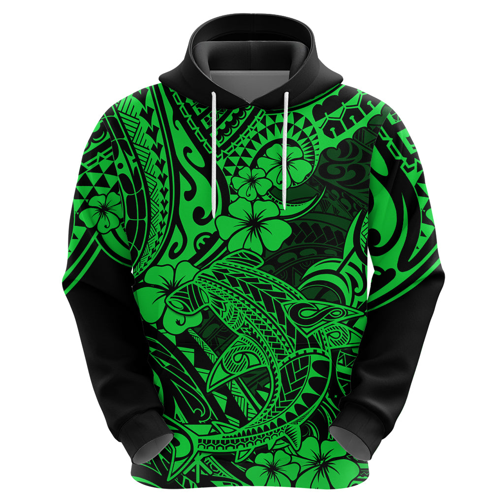 Hawaii Shark Hoodie Polynesian Pattern Green Version - Wonder Print Shop