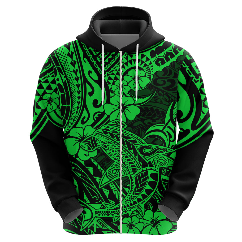 Hawaii Shark Hoodie Polynesian Pattern Green Version - Wonder Print Shop