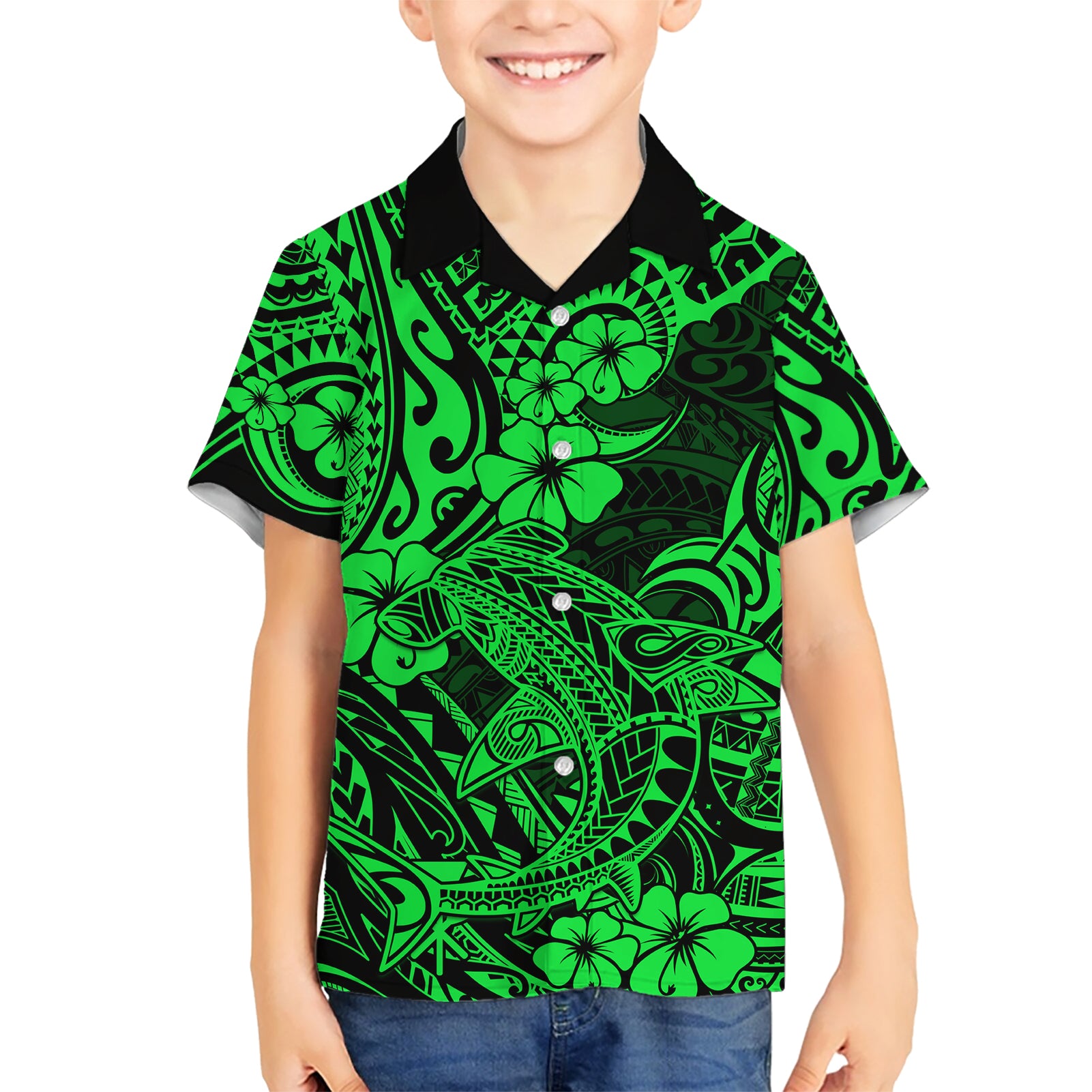 Hawaii Shark Kid Hawaiian Shirt Polynesian Pattern Green Version - Wonder Print Shop