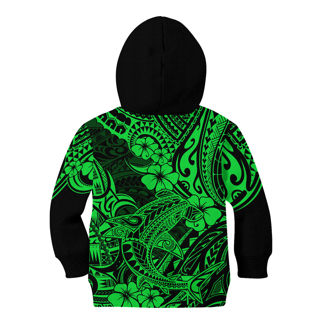 Hawaii Shark Kid Hoodie Polynesian Pattern Green Version - Wonder Print Shop