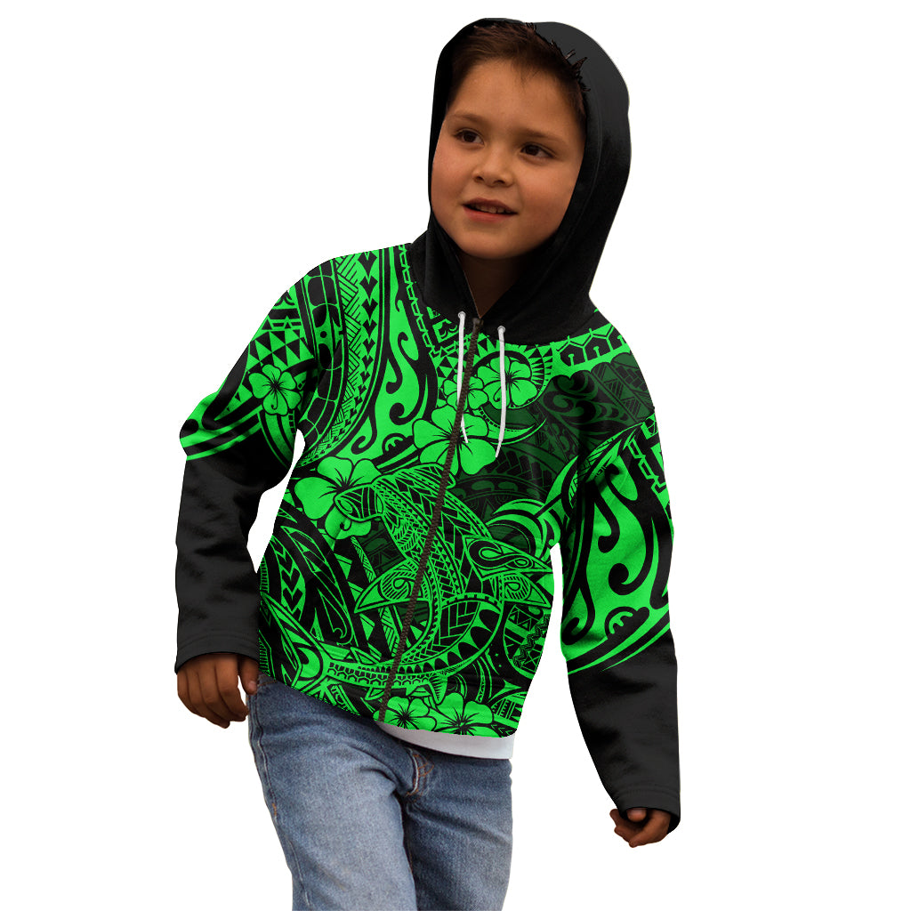 Hawaii Shark Kid Hoodie Polynesian Pattern Green Version - Wonder Print Shop