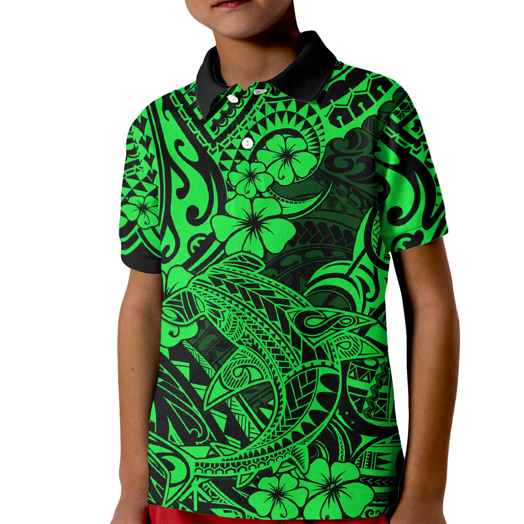 Hawaii Shark Kid Polo Shirt Polynesian Pattern Green Version - Wonder Print Shop