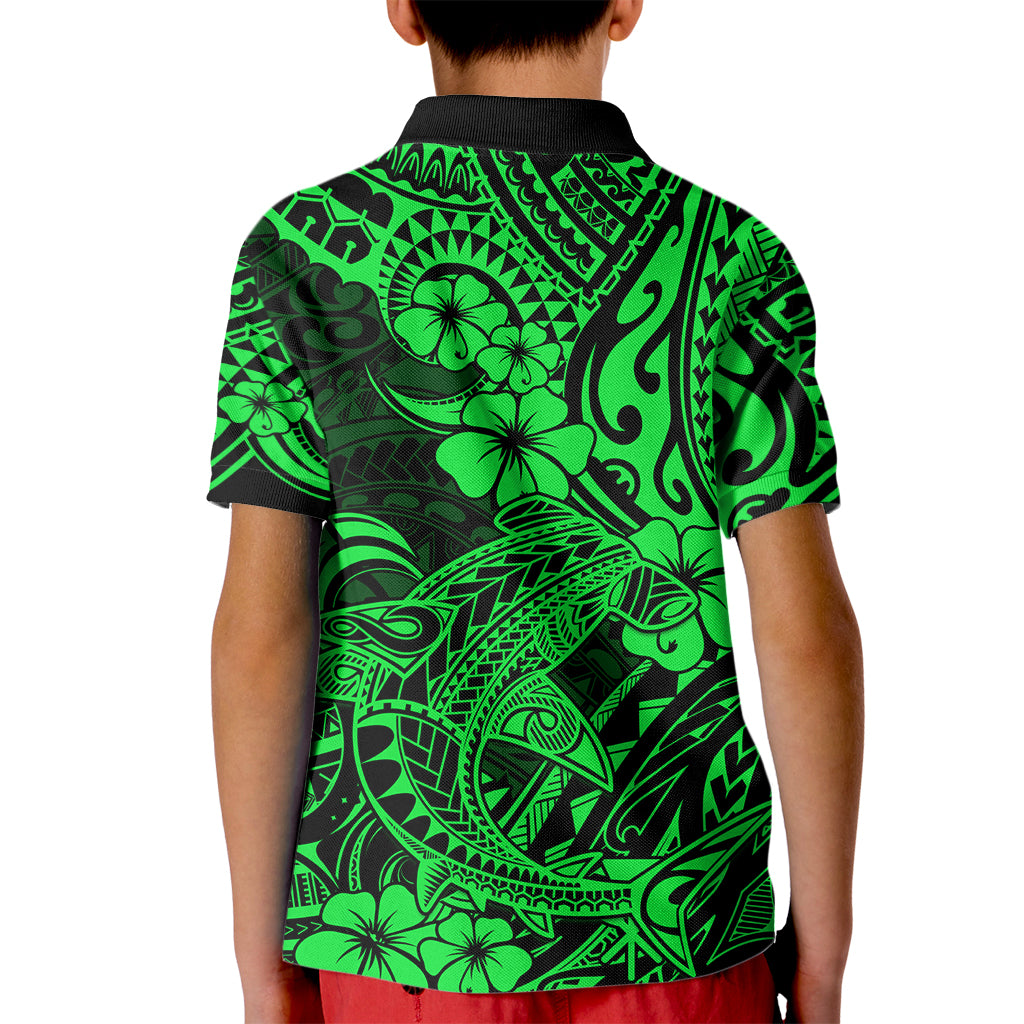 Hawaii Shark Kid Polo Shirt Polynesian Pattern Green Version - Wonder Print Shop
