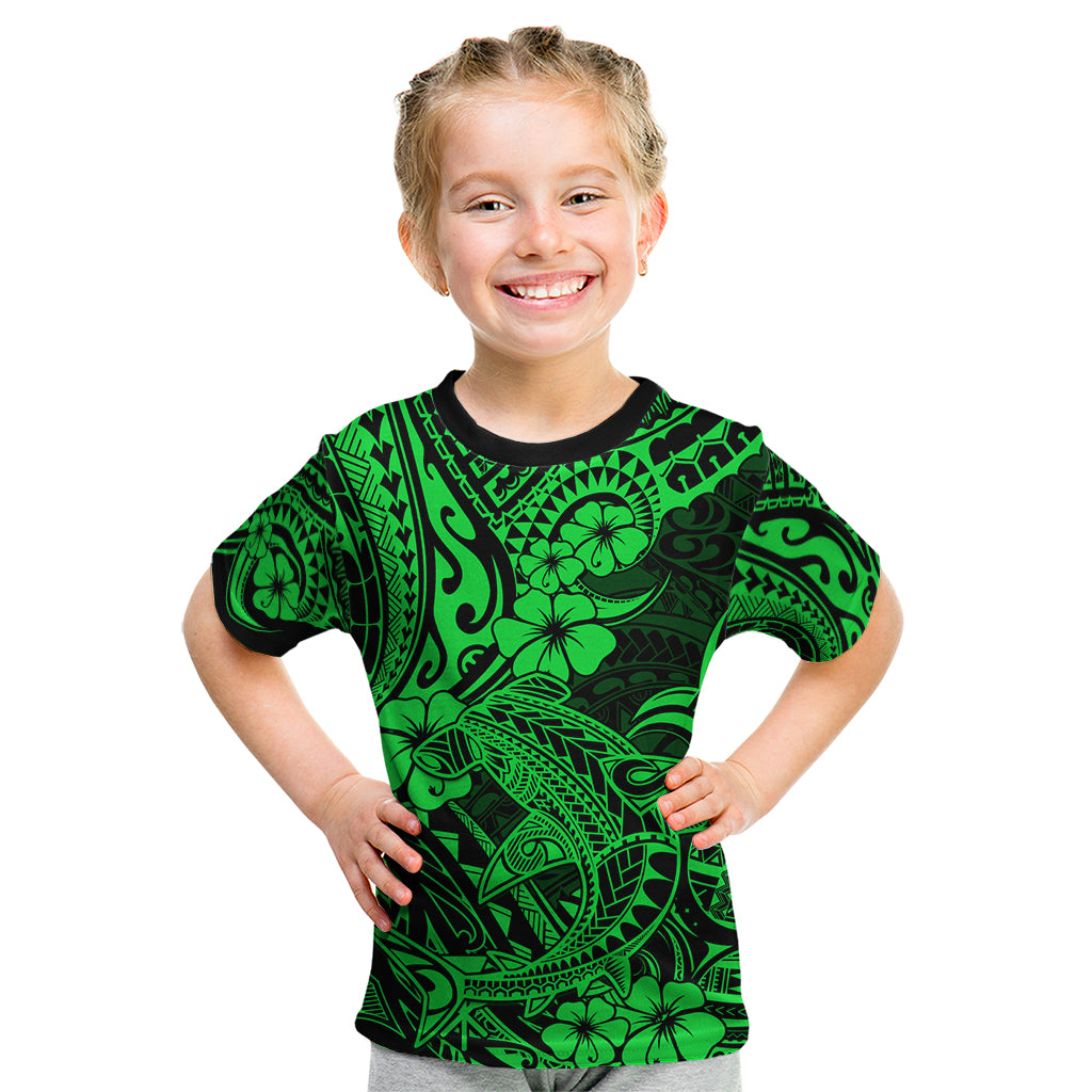 Hawaii Shark Kid T Shirt Polynesian Pattern Green Version - Wonder Print Shop