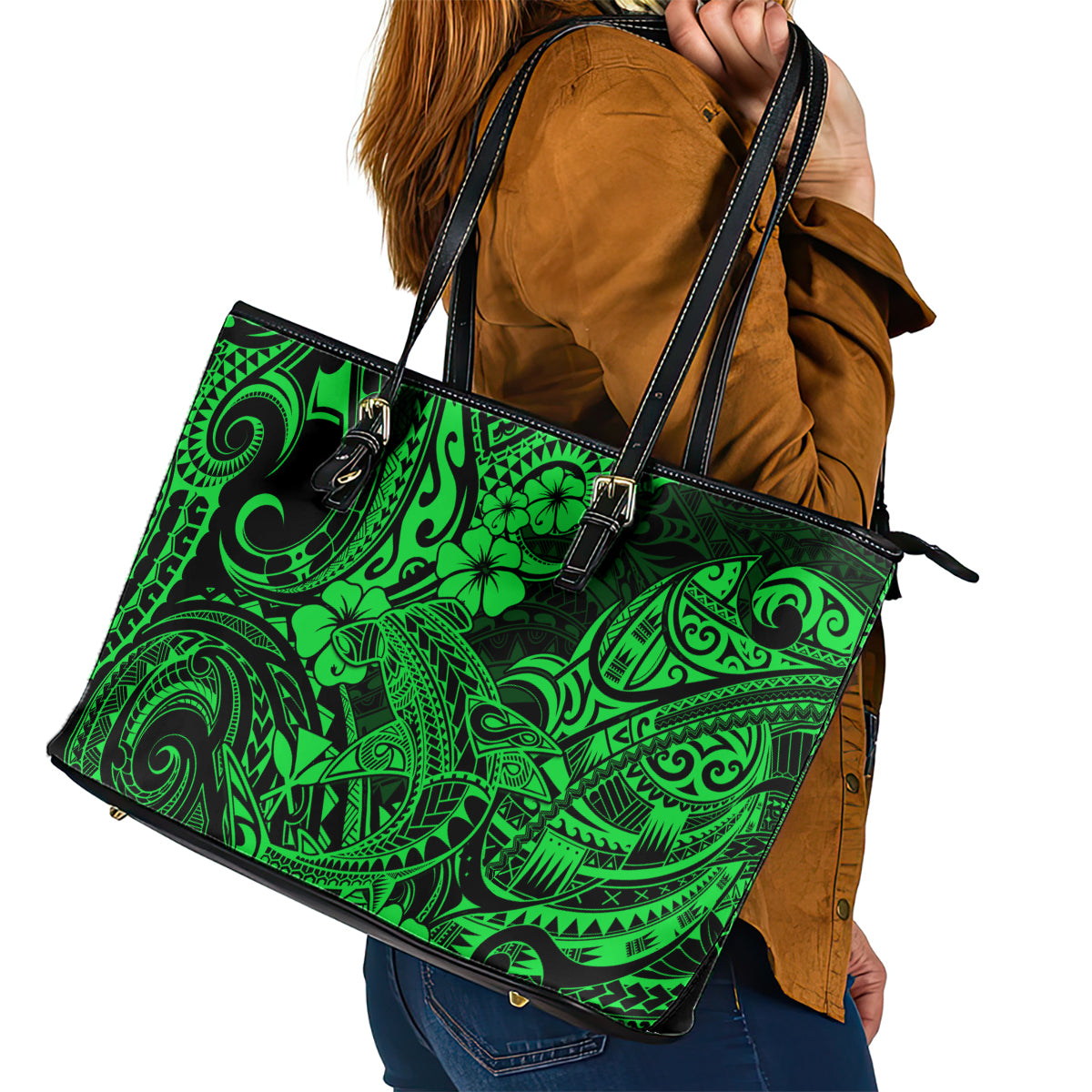 Hawaii Shark Leather Tote Bag Polynesian Pattern Green Version - Wonder Print Shop