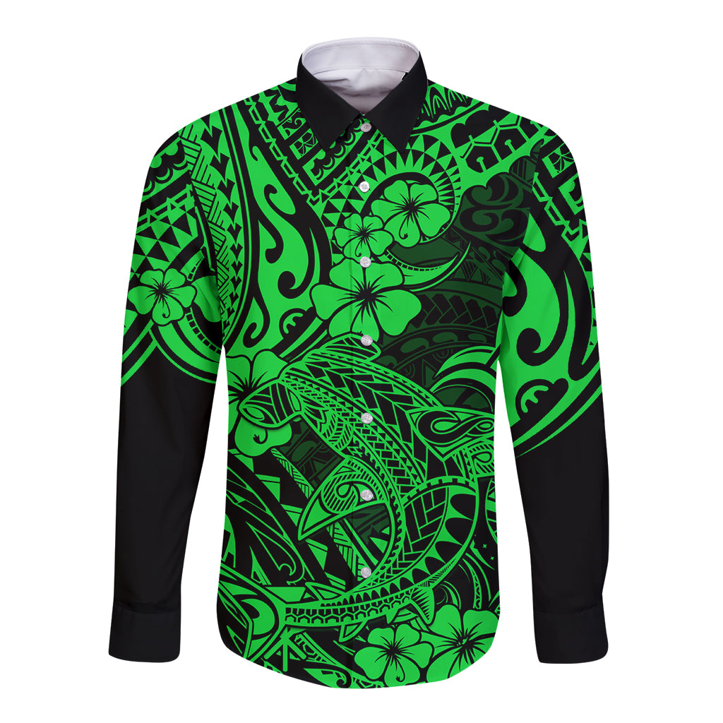 Hawaii Shark Long Sleeve Button Shirt Polynesian Pattern Green Version - Wonder Print Shop