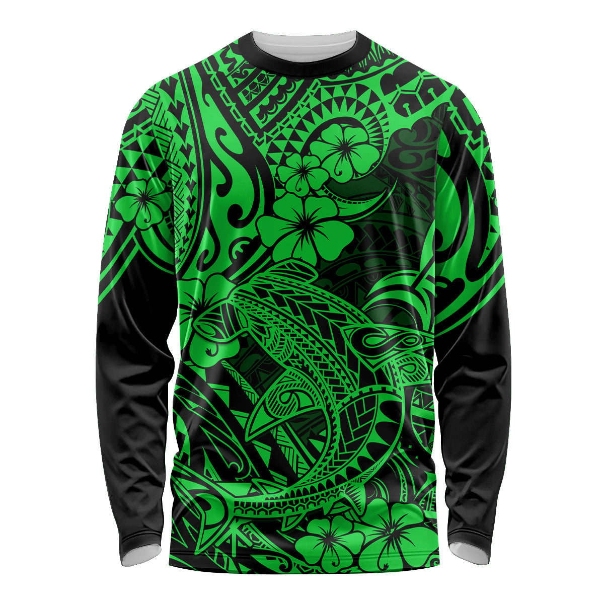 Hawaii Shark Long Sleeve Shirt Polynesian Pattern Green Version - Wonder Print Shop