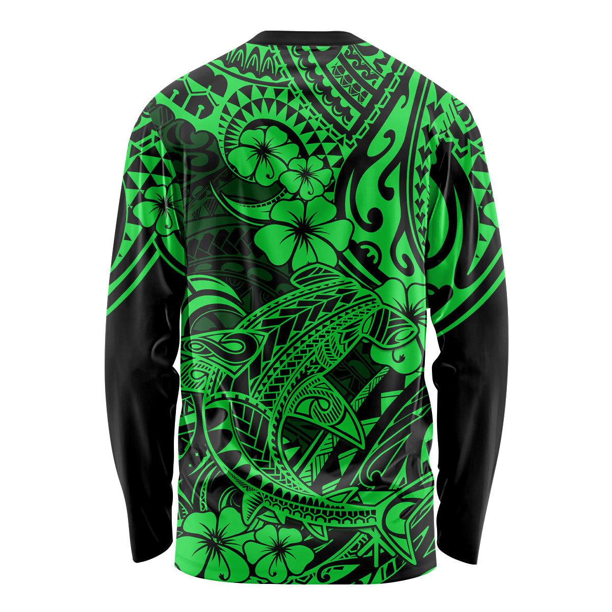 Hawaii Shark Long Sleeve Shirt Polynesian Pattern Green Version - Wonder Print Shop
