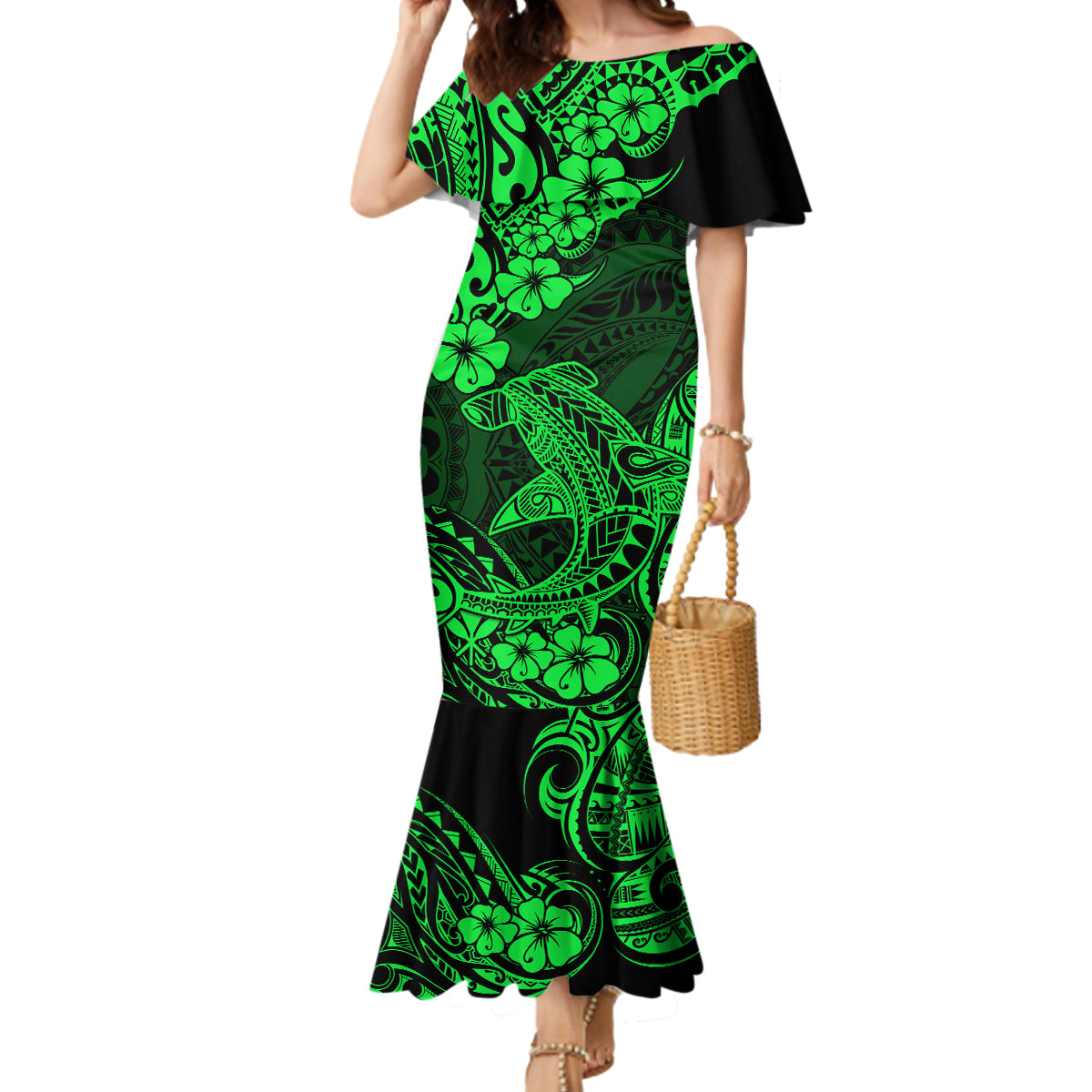 Hawaii Shark Mermaid Dress Polynesian Pattern Green Version - Wonder Print Shop