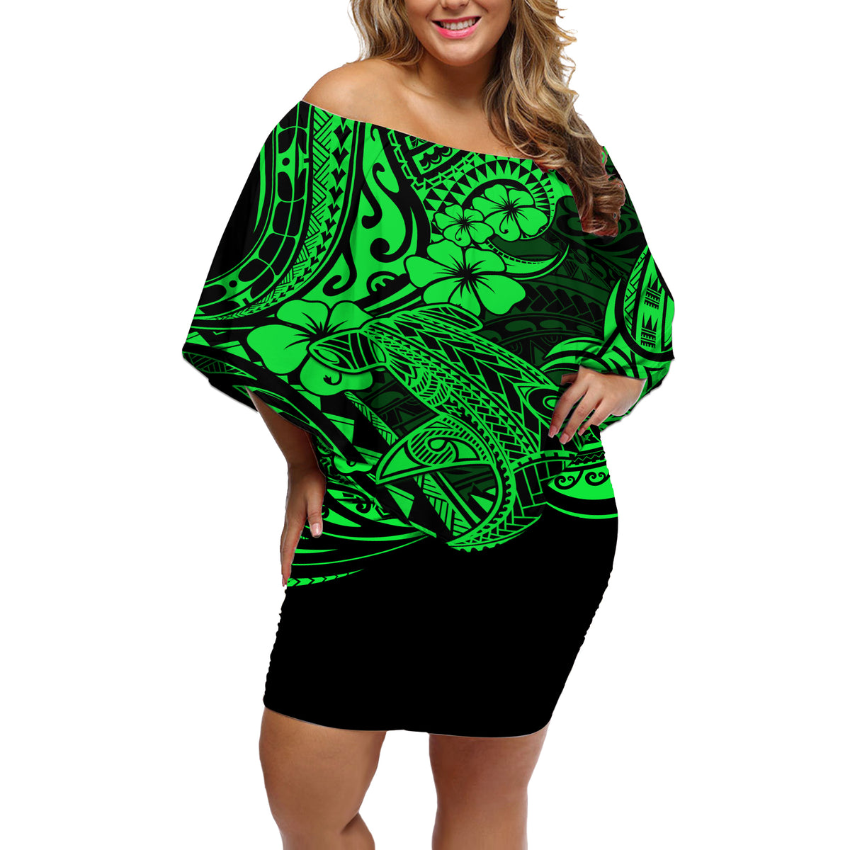 Hawaii Shark Off Shoulder Short Dress Polynesian Pattern Green Version - Wonder Print Shop