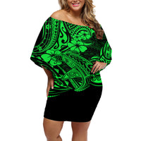 Hawaii Shark Off Shoulder Short Dress Polynesian Pattern Green Version - Wonder Print Shop
