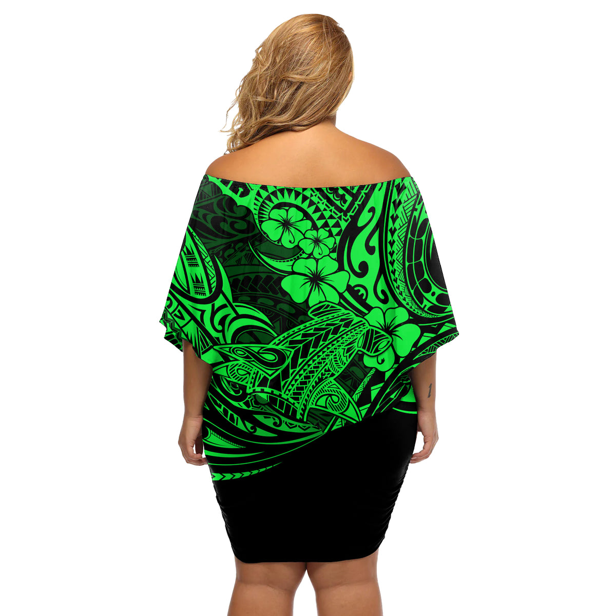 Hawaii Shark Off Shoulder Short Dress Polynesian Pattern Green Version - Wonder Print Shop