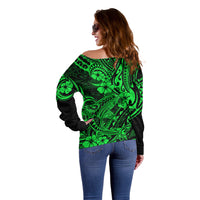 Hawaii Shark Off Shoulder Sweater Polynesian Pattern Green Version - Wonder Print Shop