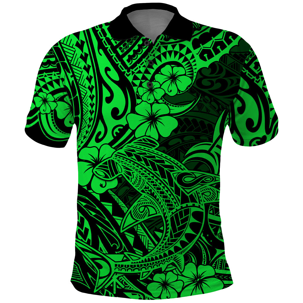 Hawaii Shark Polo Shirt Polynesian Pattern Green Version - Wonder Print Shop