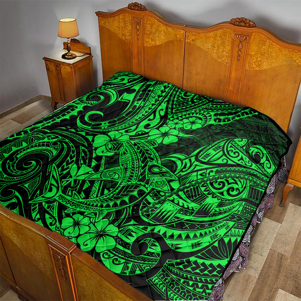 Hawaii Shark Quilt Polynesian Pattern Green Version - Wonder Print Shop
