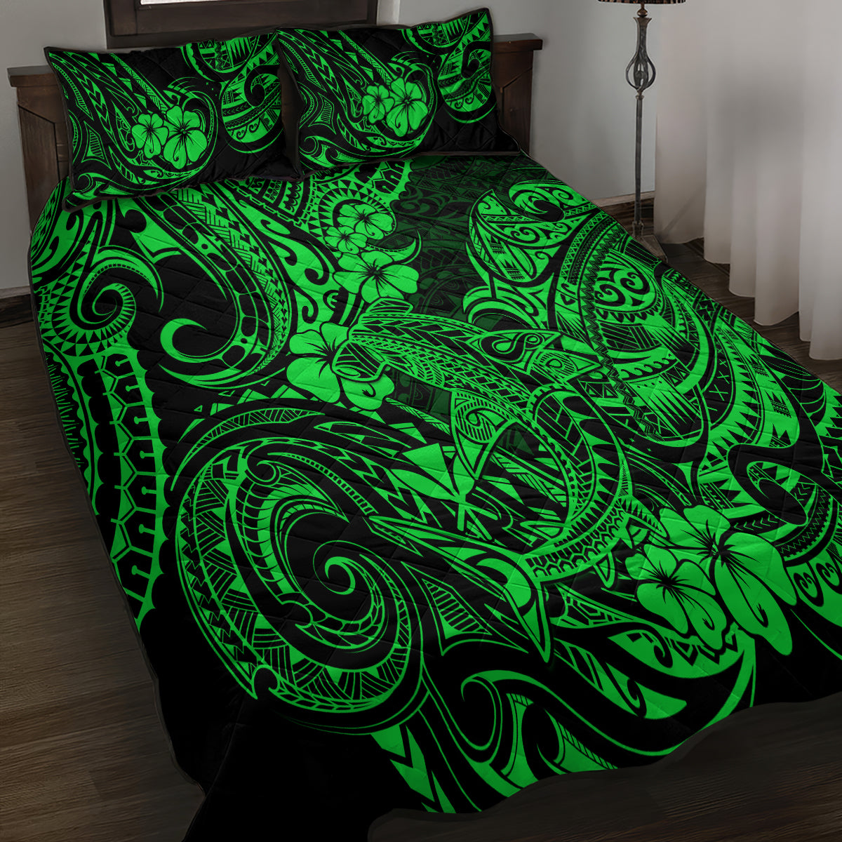 Hawaii Shark Quilt Bed Set Polynesian Pattern Green Version - Wonder Print Shop