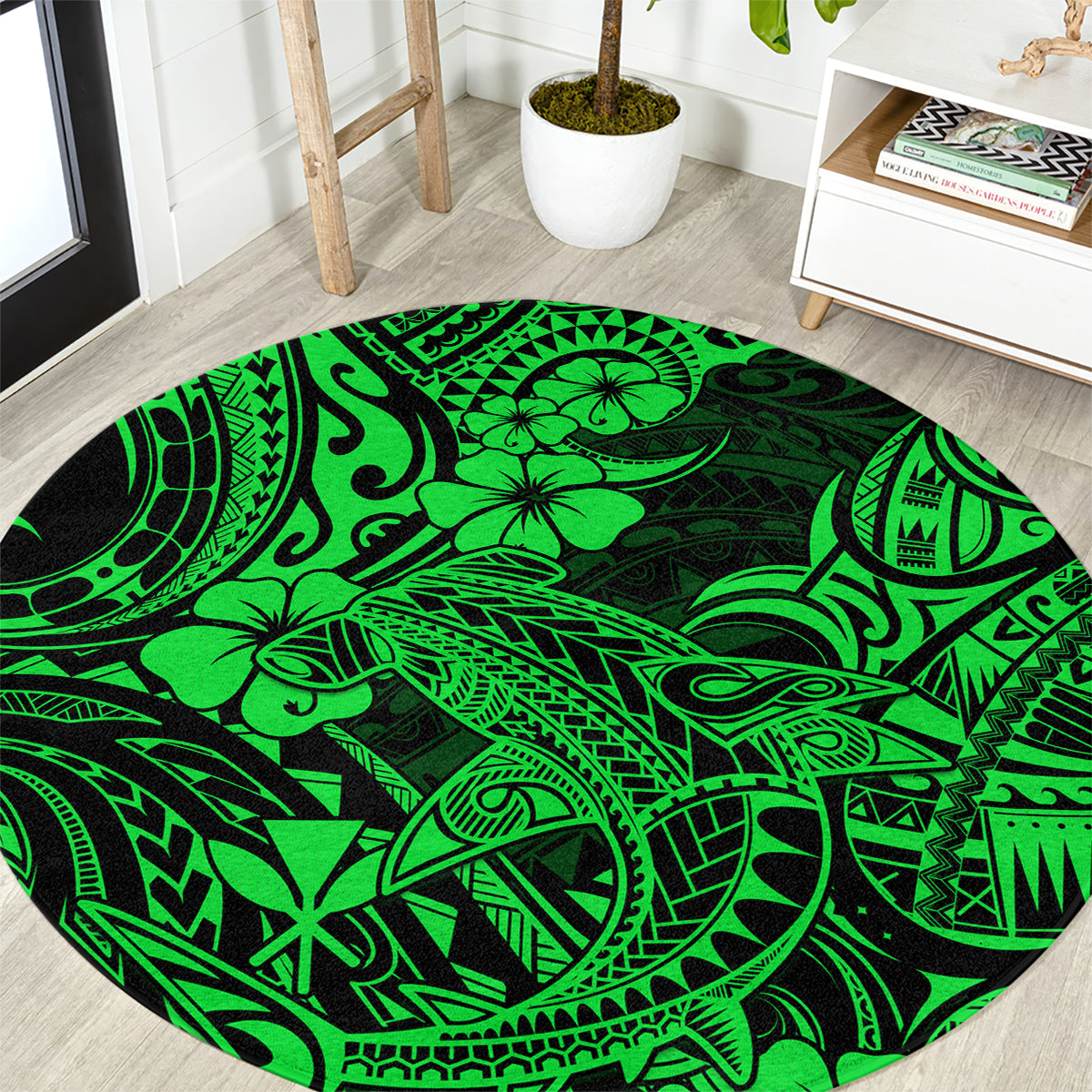 hawaii-shark-round-carpet-polynesian-pattern-green-version