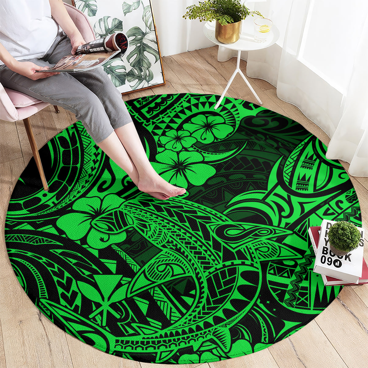 hawaii-shark-round-carpet-polynesian-pattern-green-version