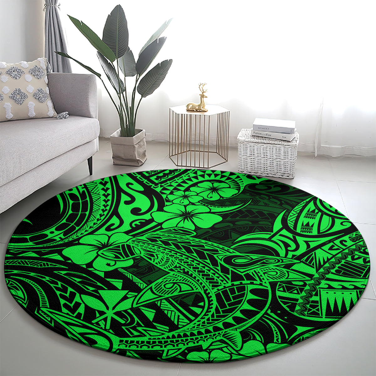 hawaii-shark-round-carpet-polynesian-pattern-green-version