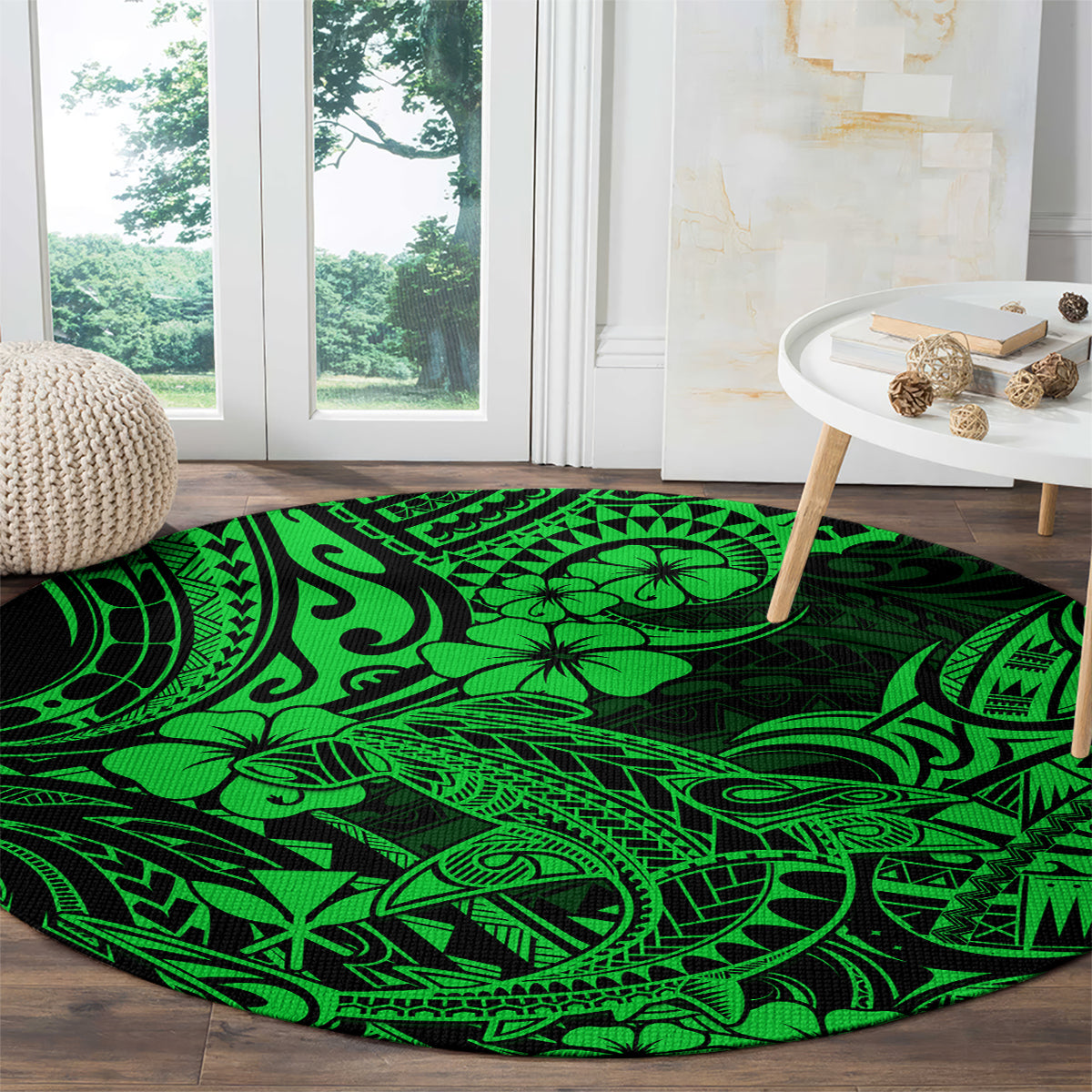 hawaii-shark-round-carpet-polynesian-pattern-green-version