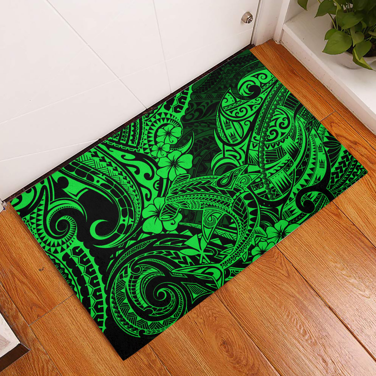 Hawaii Shark Rubber Doormat Polynesian Pattern Green Version - Wonder Print Shop