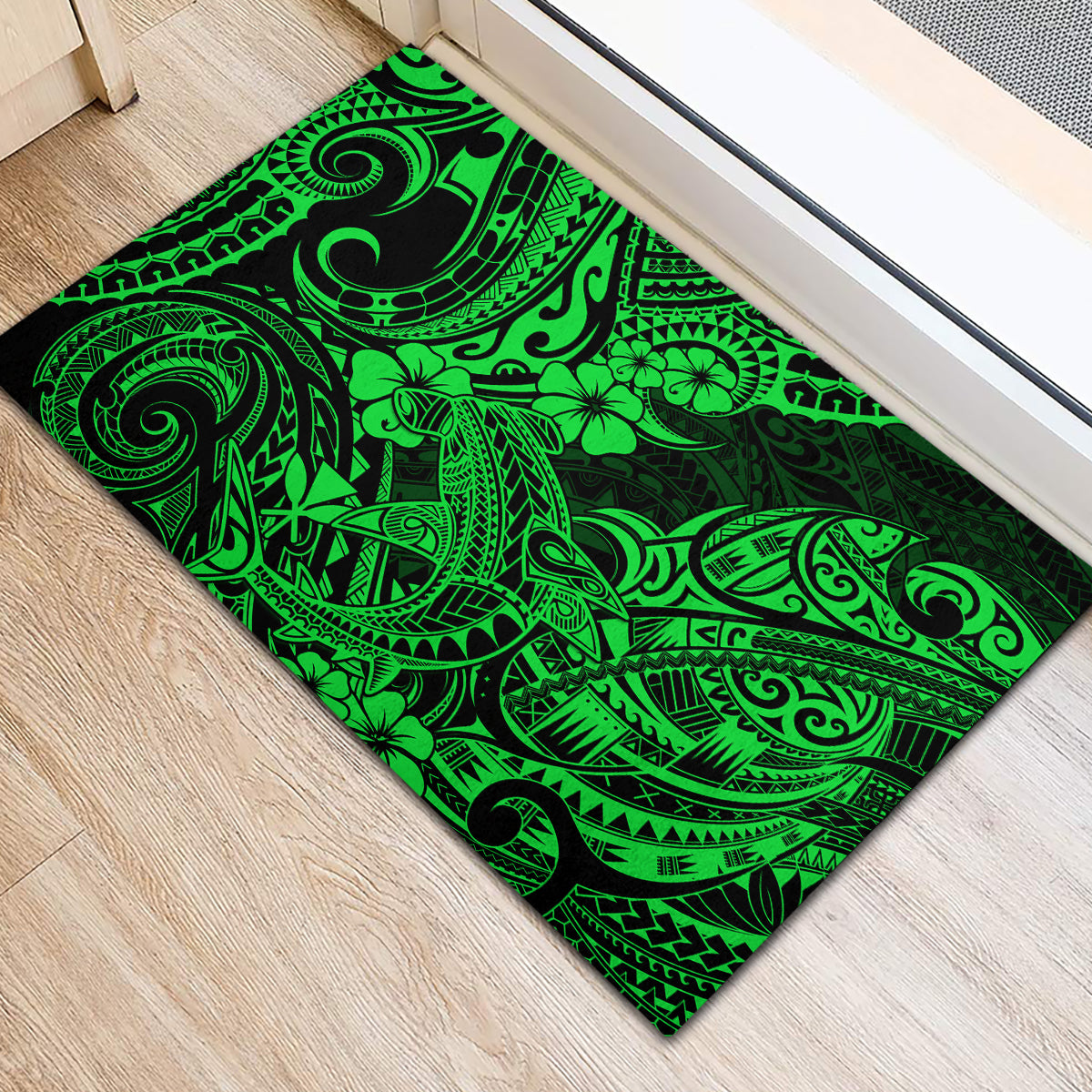 Hawaii Shark Rubber Doormat Polynesian Pattern Green Version - Wonder Print Shop