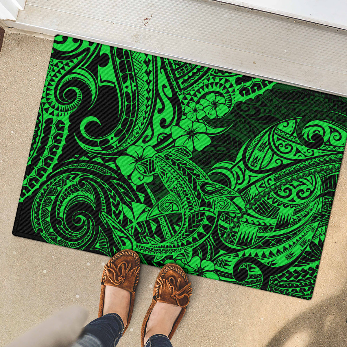 Hawaii Shark Rubber Doormat Polynesian Pattern Green Version - Wonder Print Shop