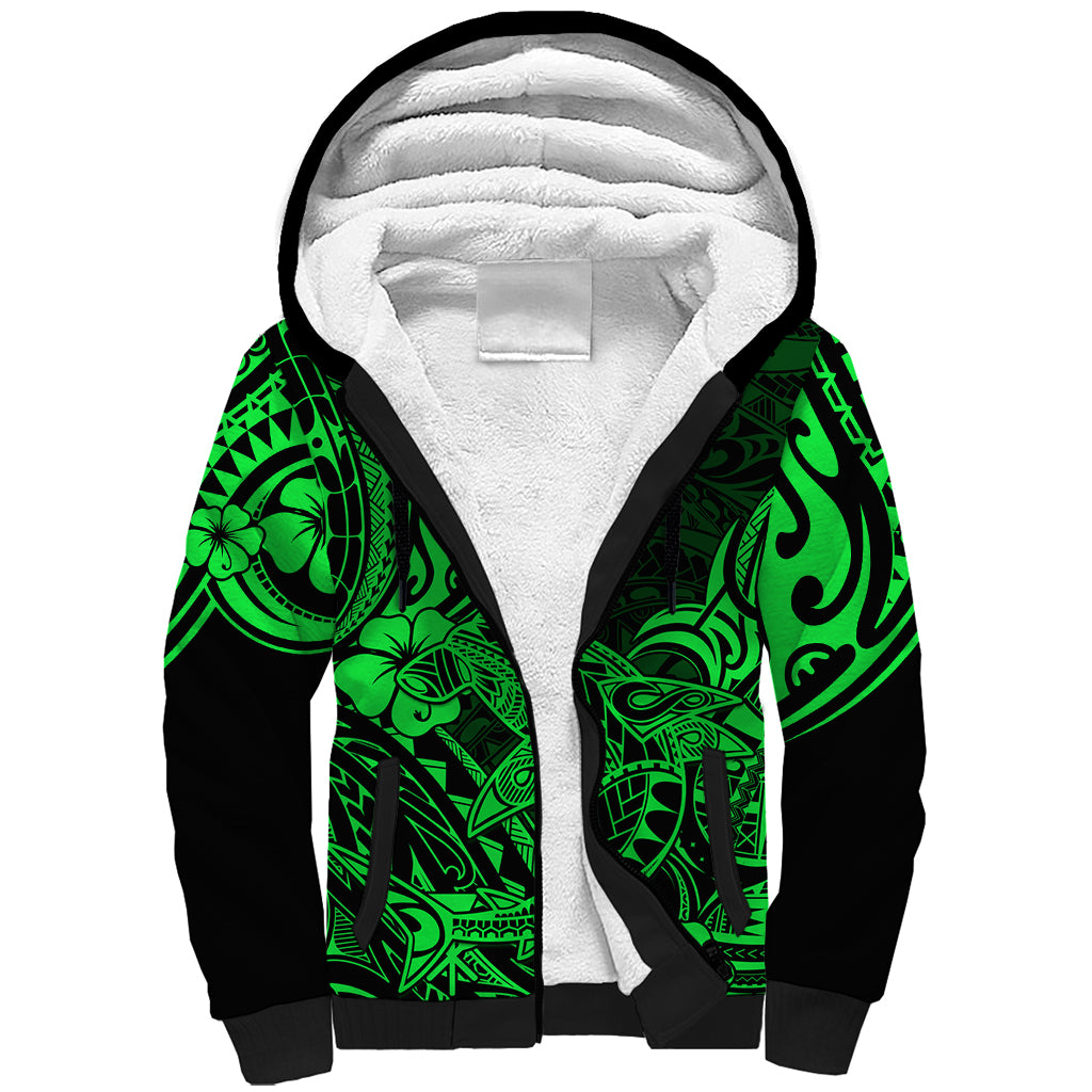 Hawaii Shark Sherpa Hoodie Polynesian Pattern Green Version - Wonder Print Shop