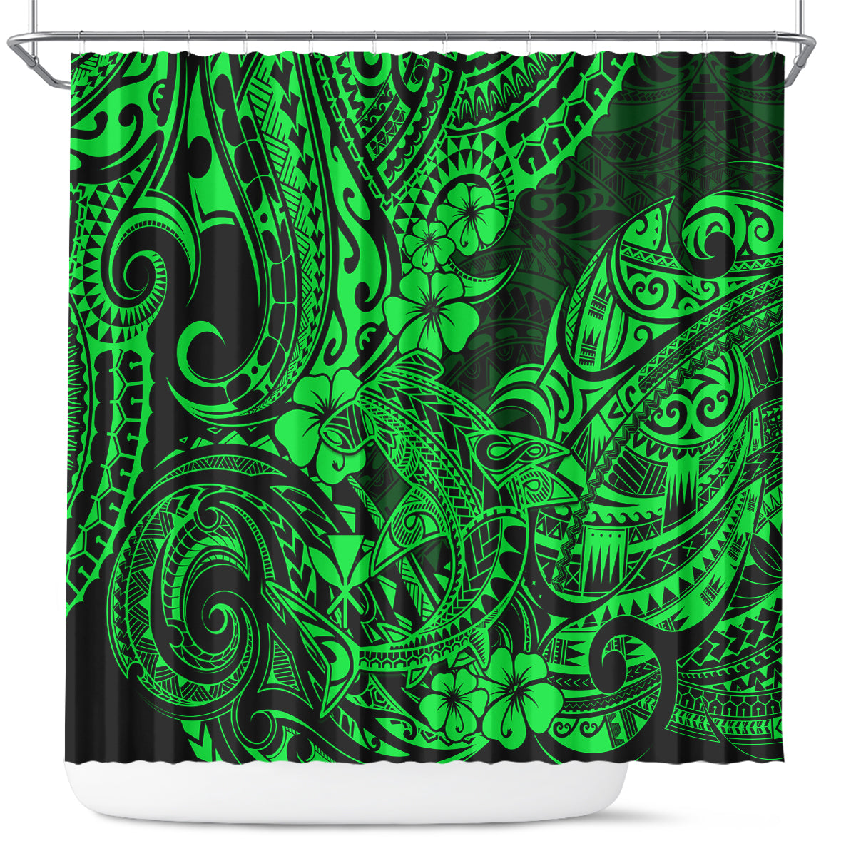 hawaii-shark-shower-curtain-polynesian-pattern-green-version