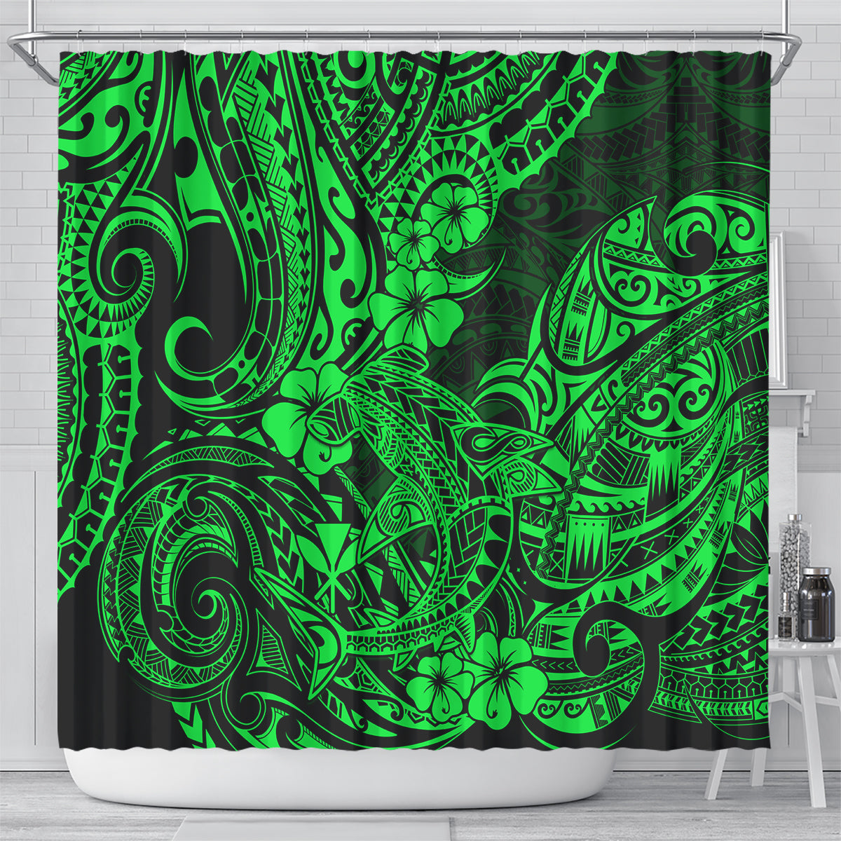 hawaii-shark-shower-curtain-polynesian-pattern-green-version