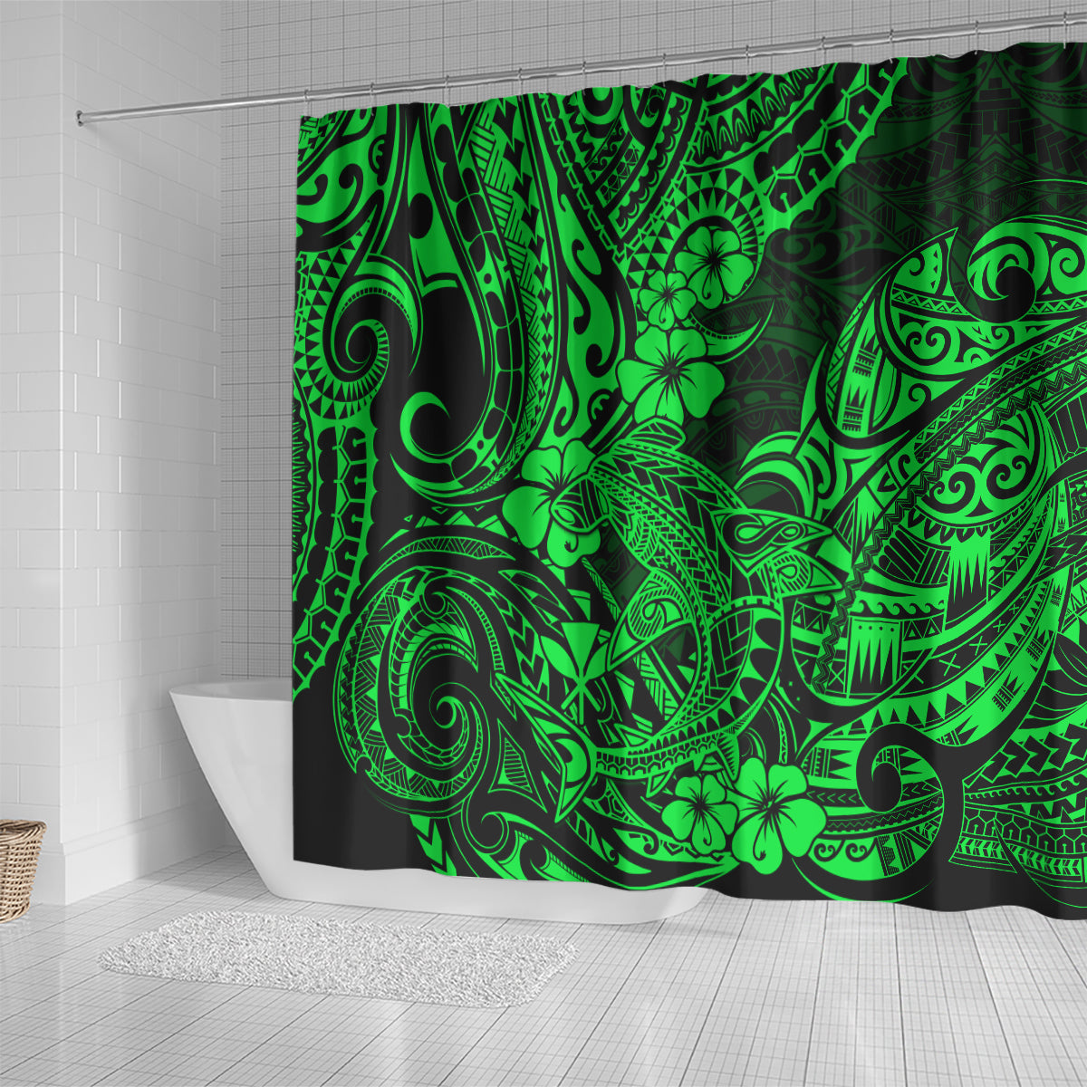 hawaii-shark-shower-curtain-polynesian-pattern-green-version